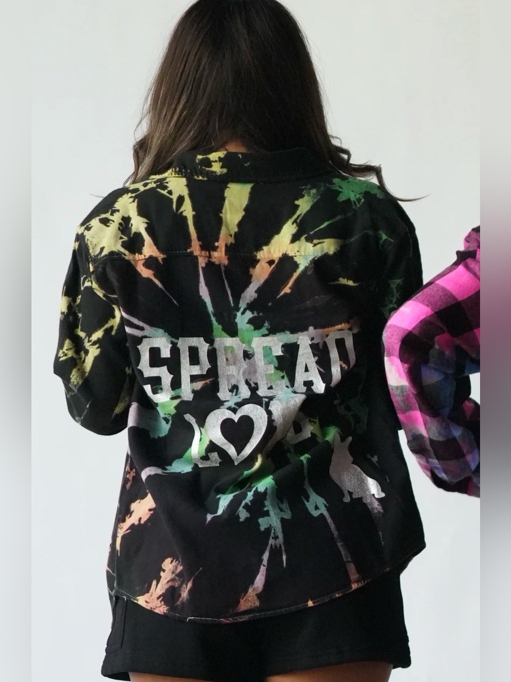 Tie-Dye Black Button-Down Shirt with 'SPREAD LOVE' Graphic